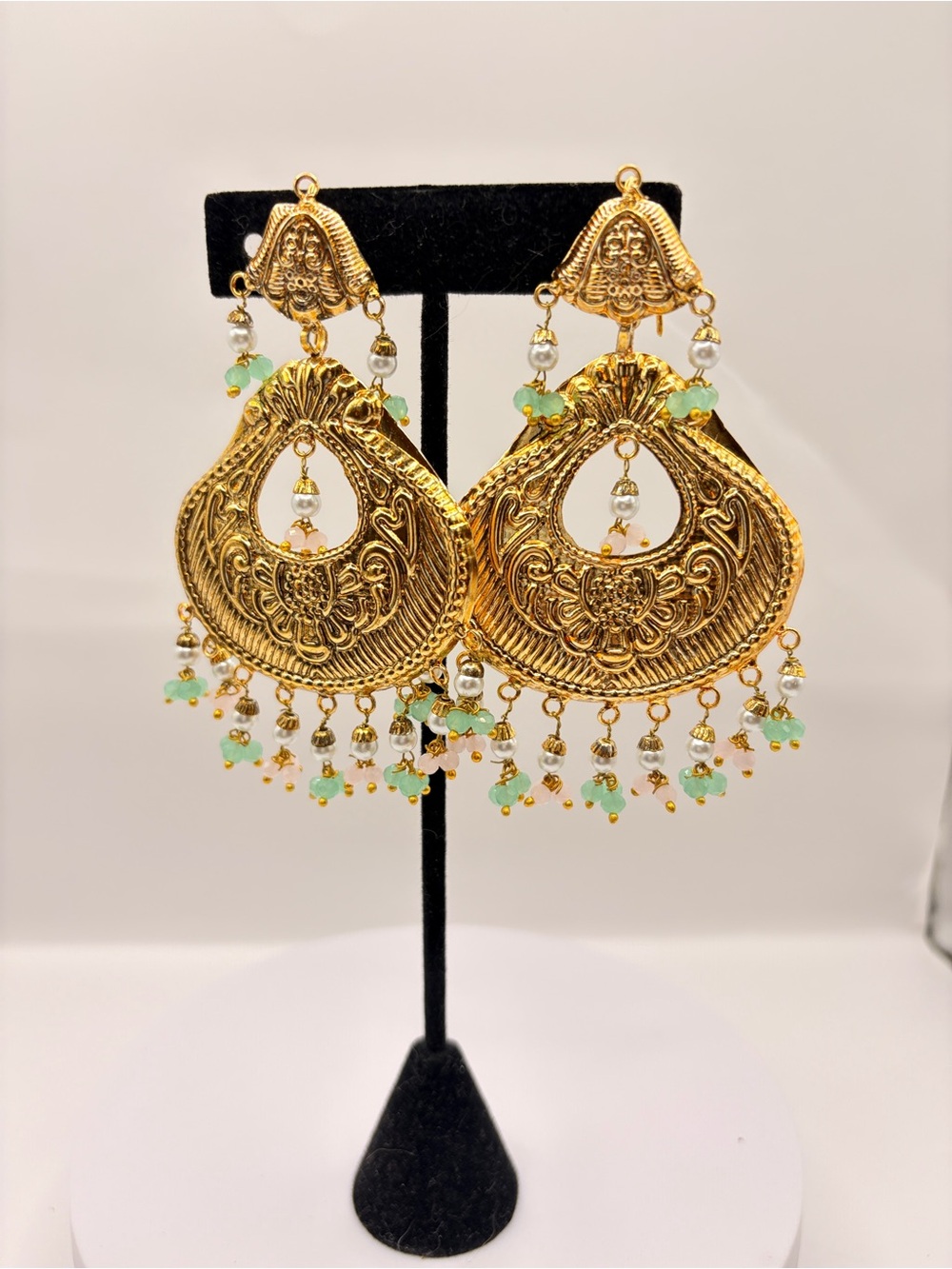 Gold-Tone Filigree Chandbali Earrings with Mint Beads